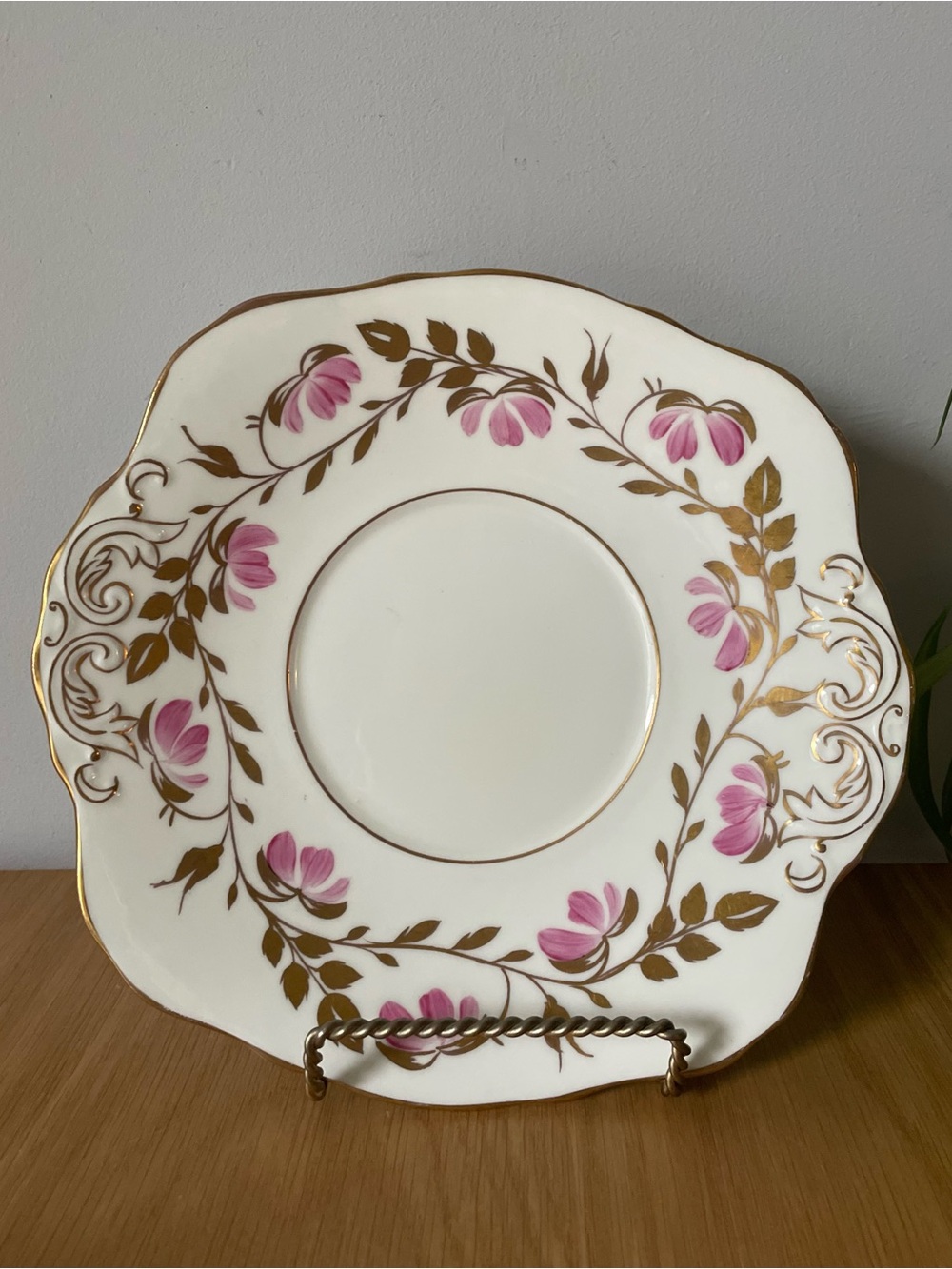 Vintage H.M. Sutherland Square Sandwich Plate Pink Floral Gold Trim 1940s